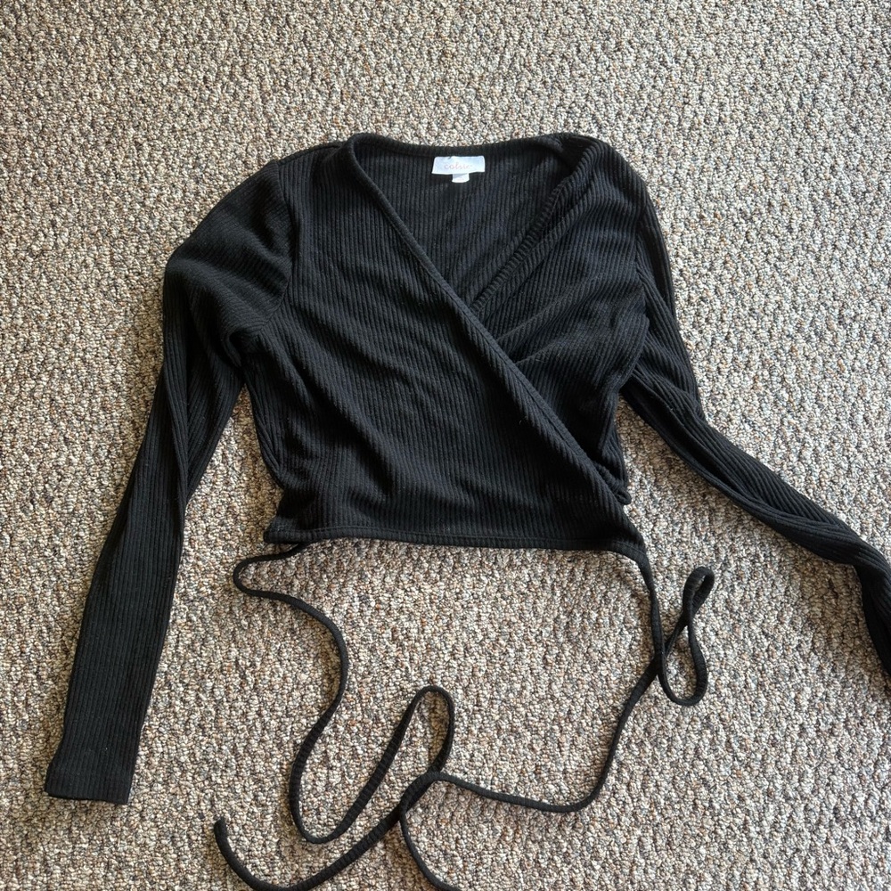 Colsie Black Ribbed Wrap Blouse